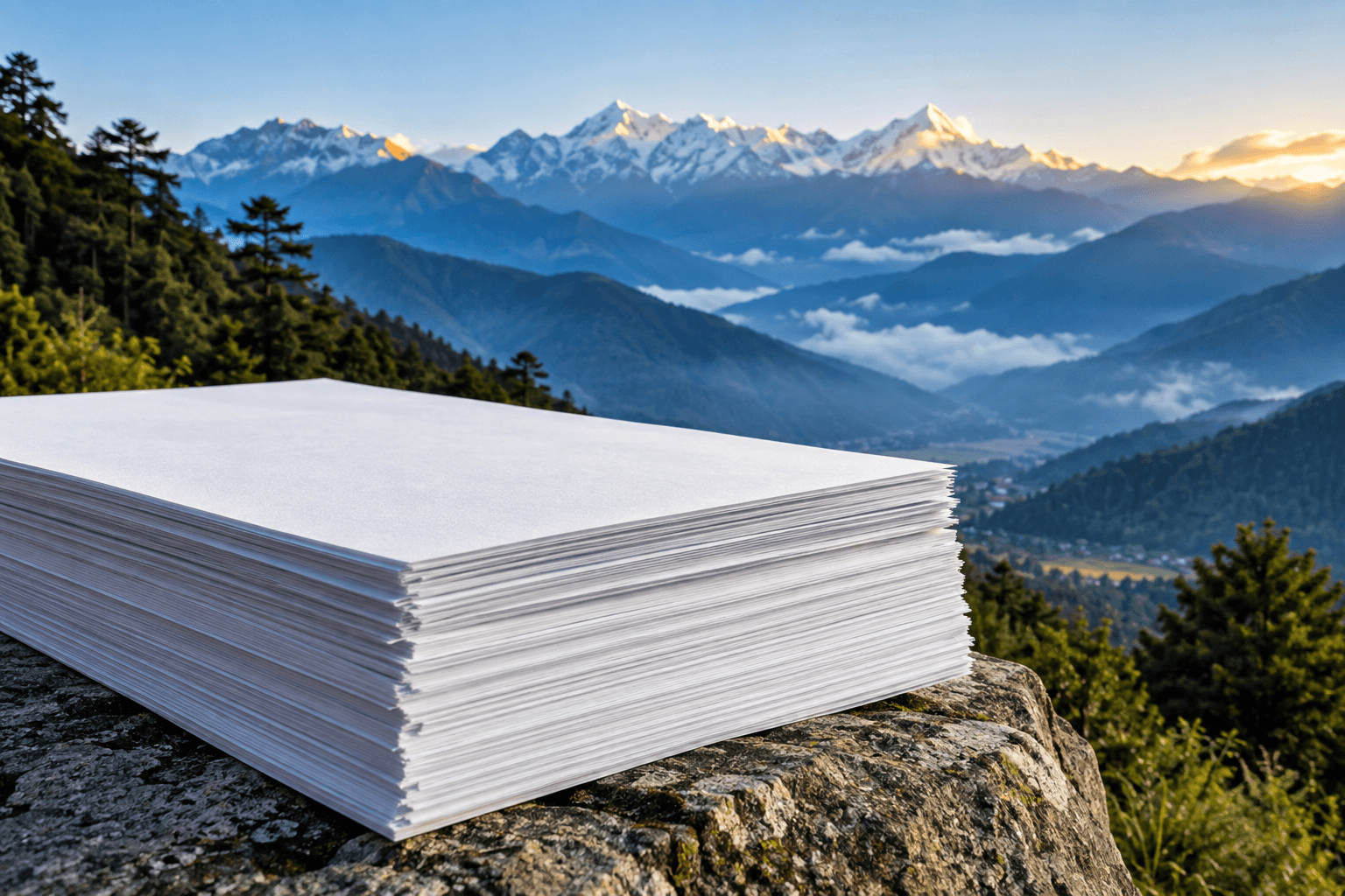 Conceptual visual of paper sheets in a Himalayan landscape; not the Basnet factory